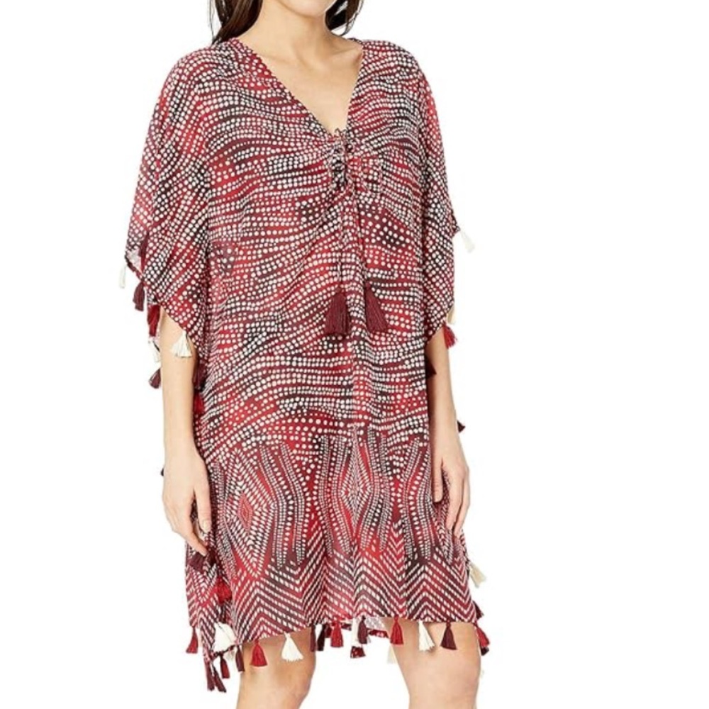 Miraclesuit Sz S Babylon Caftan Swimsuit Coverup Red Cotton Vacation Beach Boho